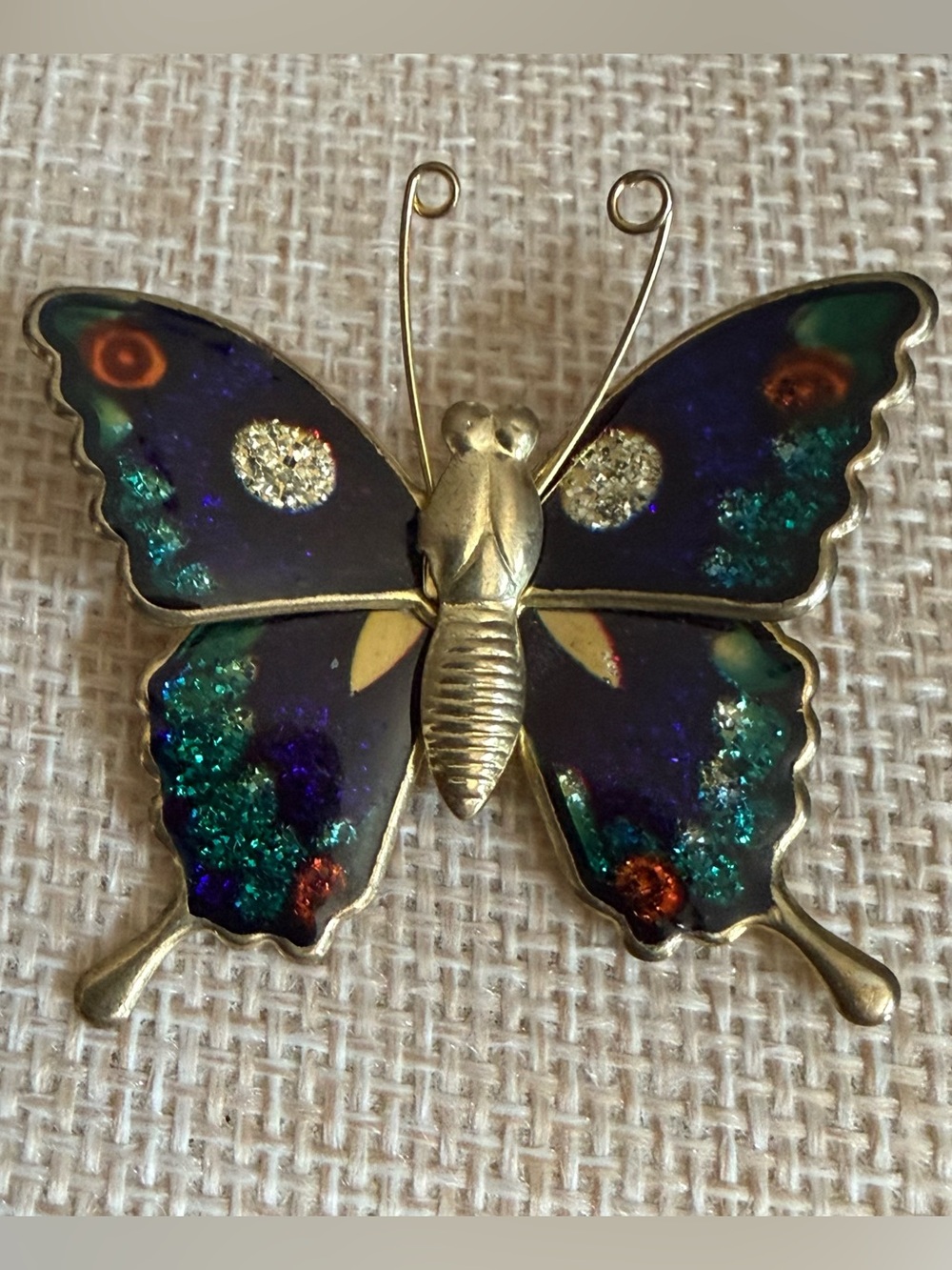 Y2K Butterfly Brooch Blue Green Glittery Hues on Gold Tone Metal